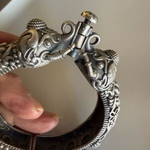 Ornate Elephant Motif Hinged Bracelet — Silver-Tone women’s Jewelry
